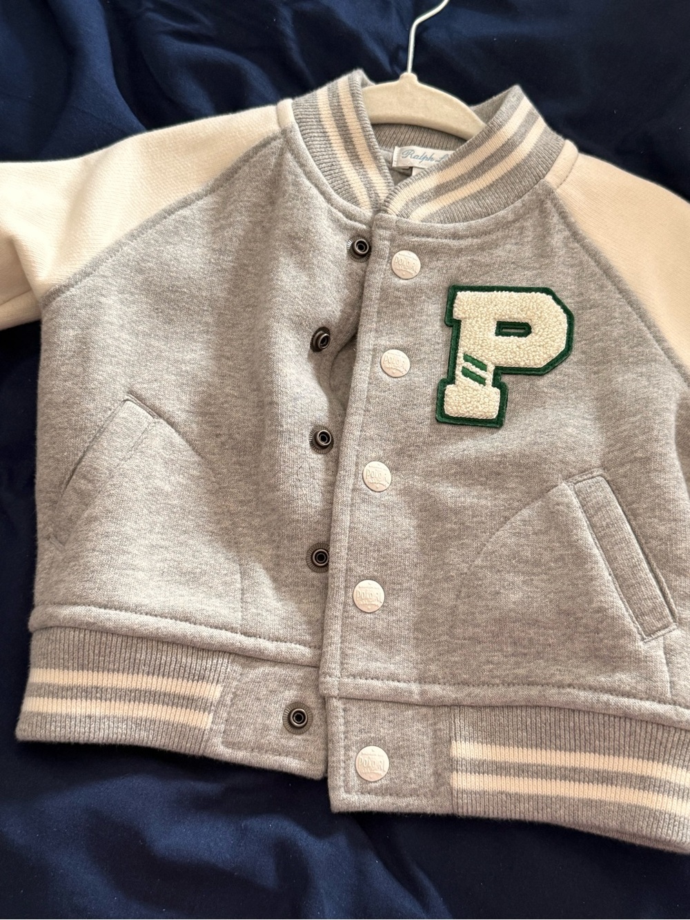 Polo by Ralph Lauren Gray & Cream Varsity Jacket with Green Patch
